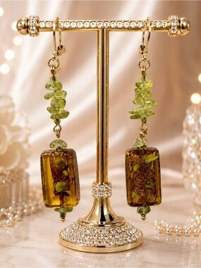 Peridot Gemstones & Art Glass Beaded Dangle Earrings on 18K GP